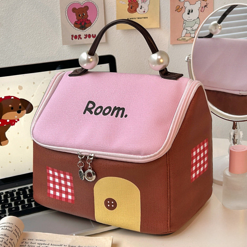 Color block colored, house-shaped handheld cosmetic bag with large capacity