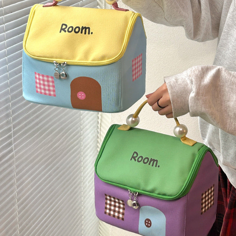Color block colored, house-shaped handheld cosmetic bag with large capacity
