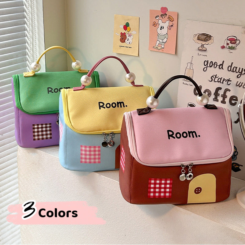 Color block colored, house-shaped handheld cosmetic bag with large capacity