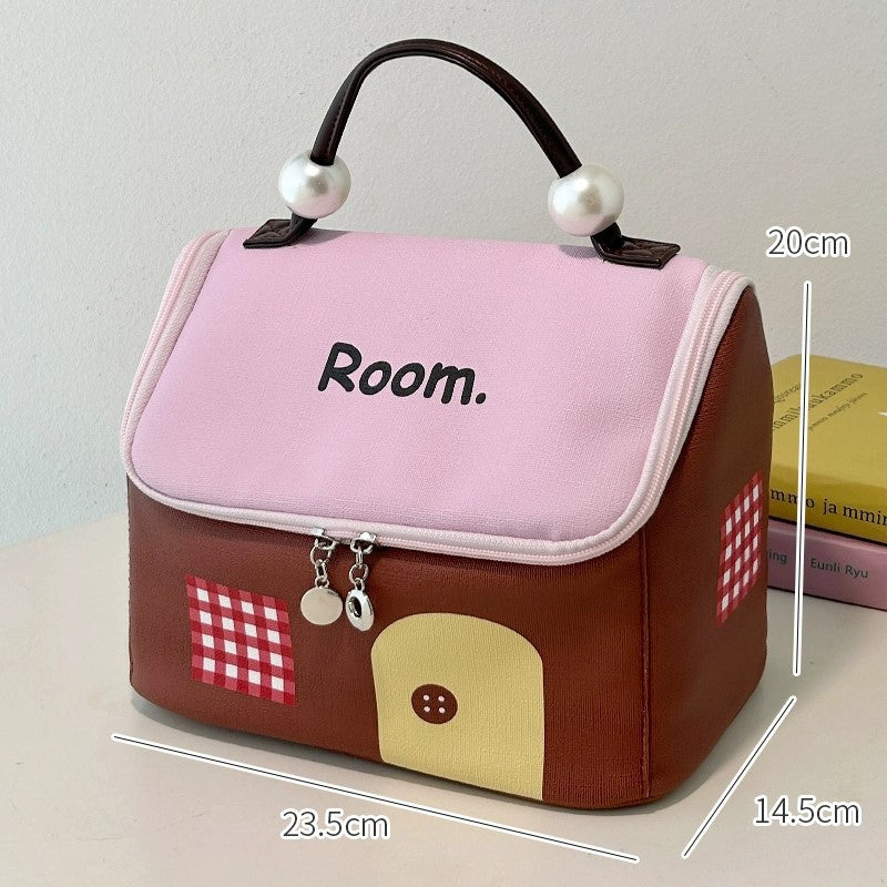 Color block colored, house-shaped handheld cosmetic bag with large capacity