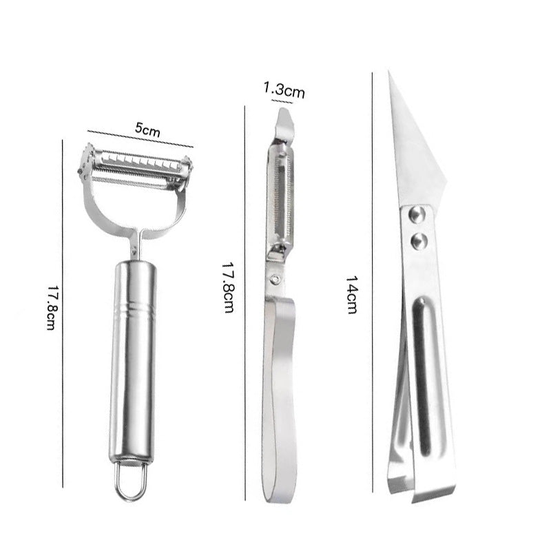 3-piece set with peeling tools in stainless steel