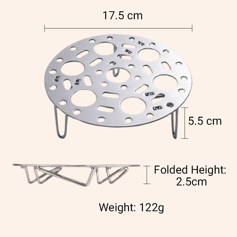 Silver-colored steamer rack in stainless steel with support for cooking