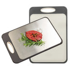Hygienic stainless steel cutting board with non-slip handle for precise cutting