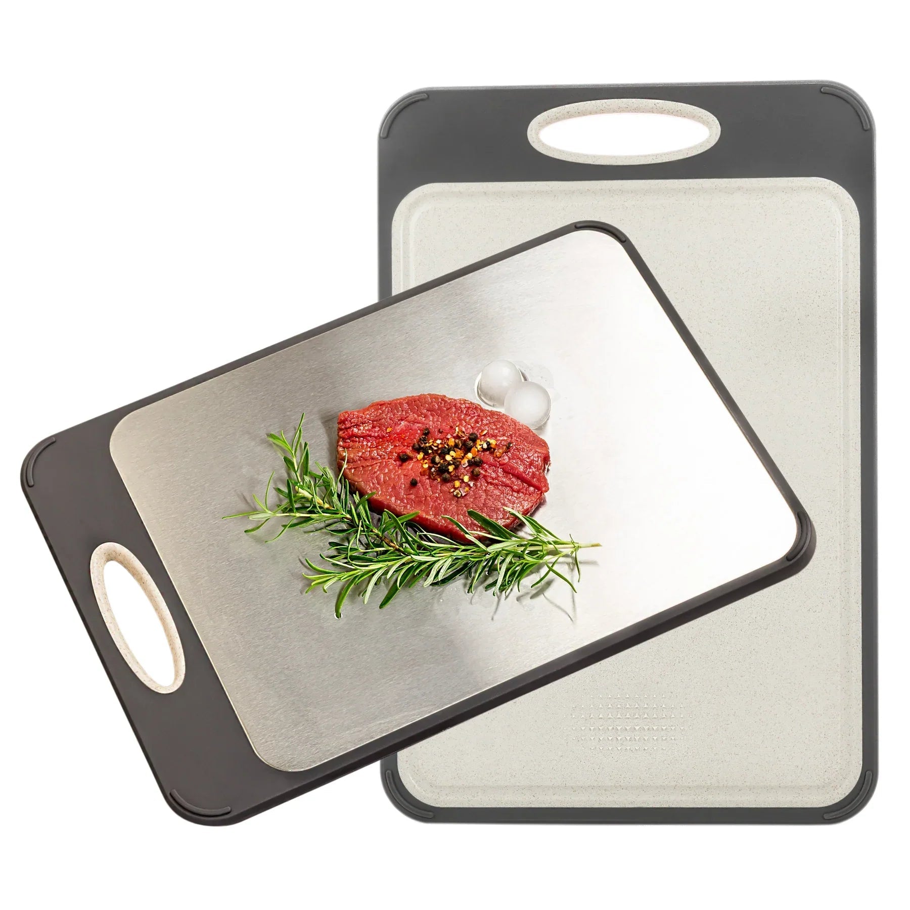 Hygienic stainless steel cutting board with non-slip handle for precise cutting