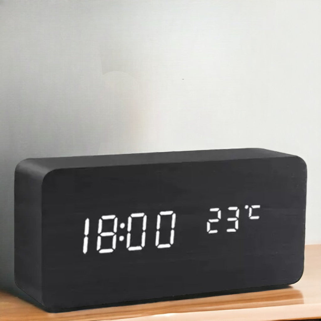 Digital Wooden Alarm Clock with Voice Control and Temperature Display