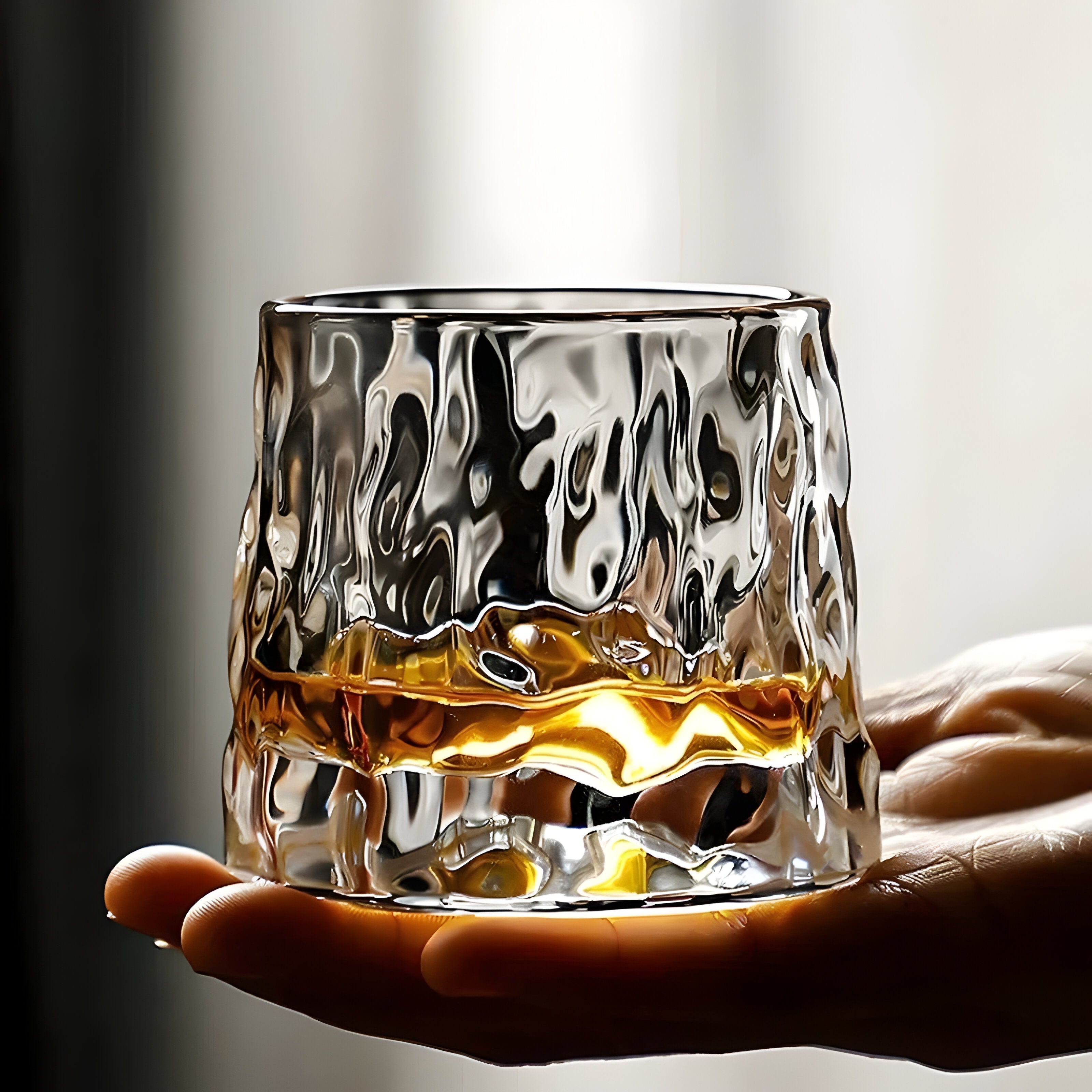 SwirlSip – Rotatable, textured whiskey glass with a striking ribbed design