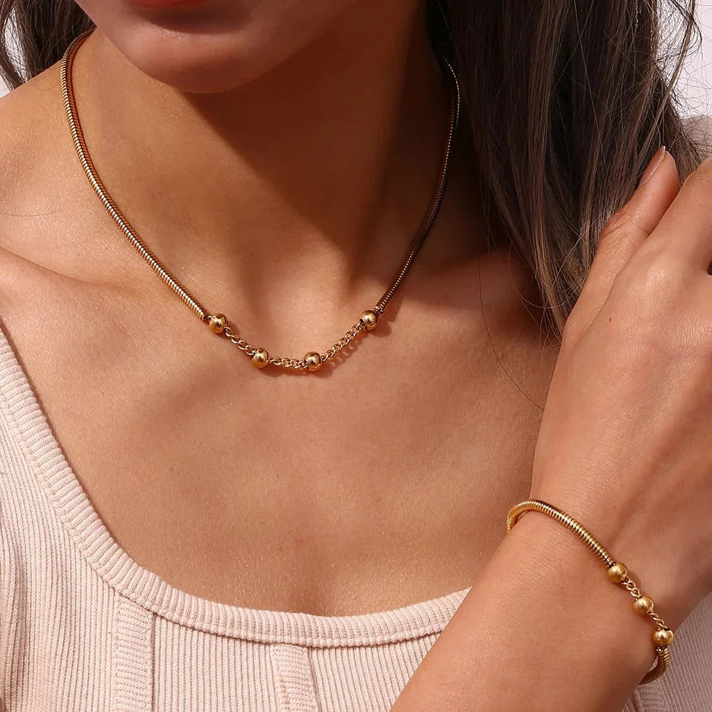 Thick Snake Chain Beaded Necklace and Bracelet Set