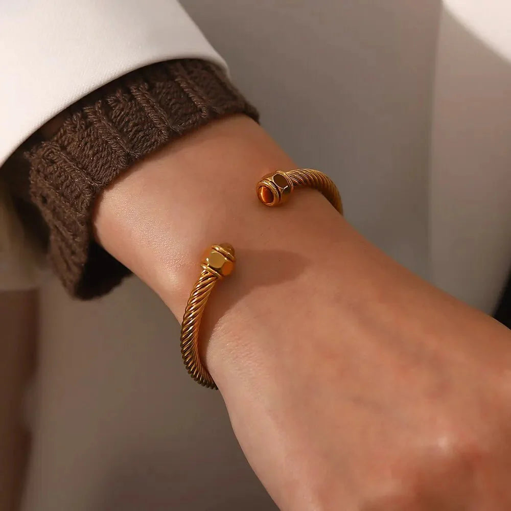 Twisted Gem Stone Ends Bangle Bracelet