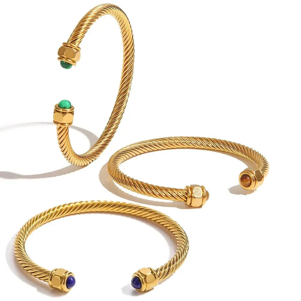 Twisted Gem Stone Ends Bangle Bracelet