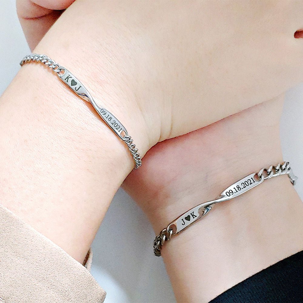 Twisted Name & Date Couples Bracelets