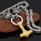 60–90 cm Stainless Steel Double Wolf Head & Mjolnir Survival Spirit Necklace/Bracelet