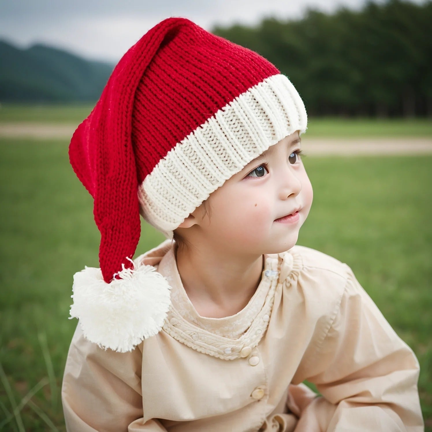 Knitted Christmas Beanie with Pompom for Adults and Kids