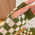 Women’s Checkered Winter Gloves – Warm Fingerless Knit Plaid Design