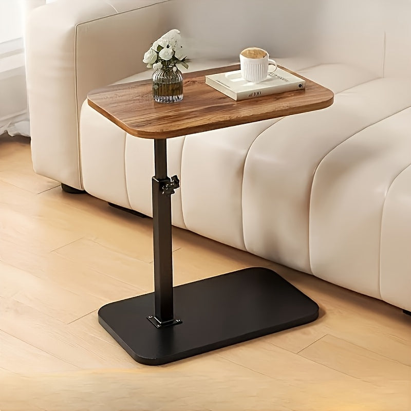 Height-Adjustable Side Table with Wood Top and Metal Frame for Sofa or Bed