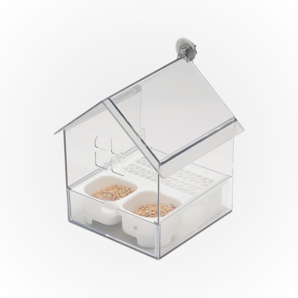 External bird feeder and bathhouse – space-saving anti-spill feeding solution