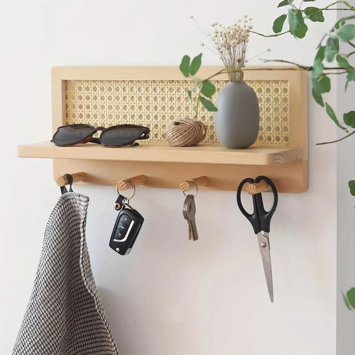 Rustic Wooden Wall Shelf with 4 Hooks