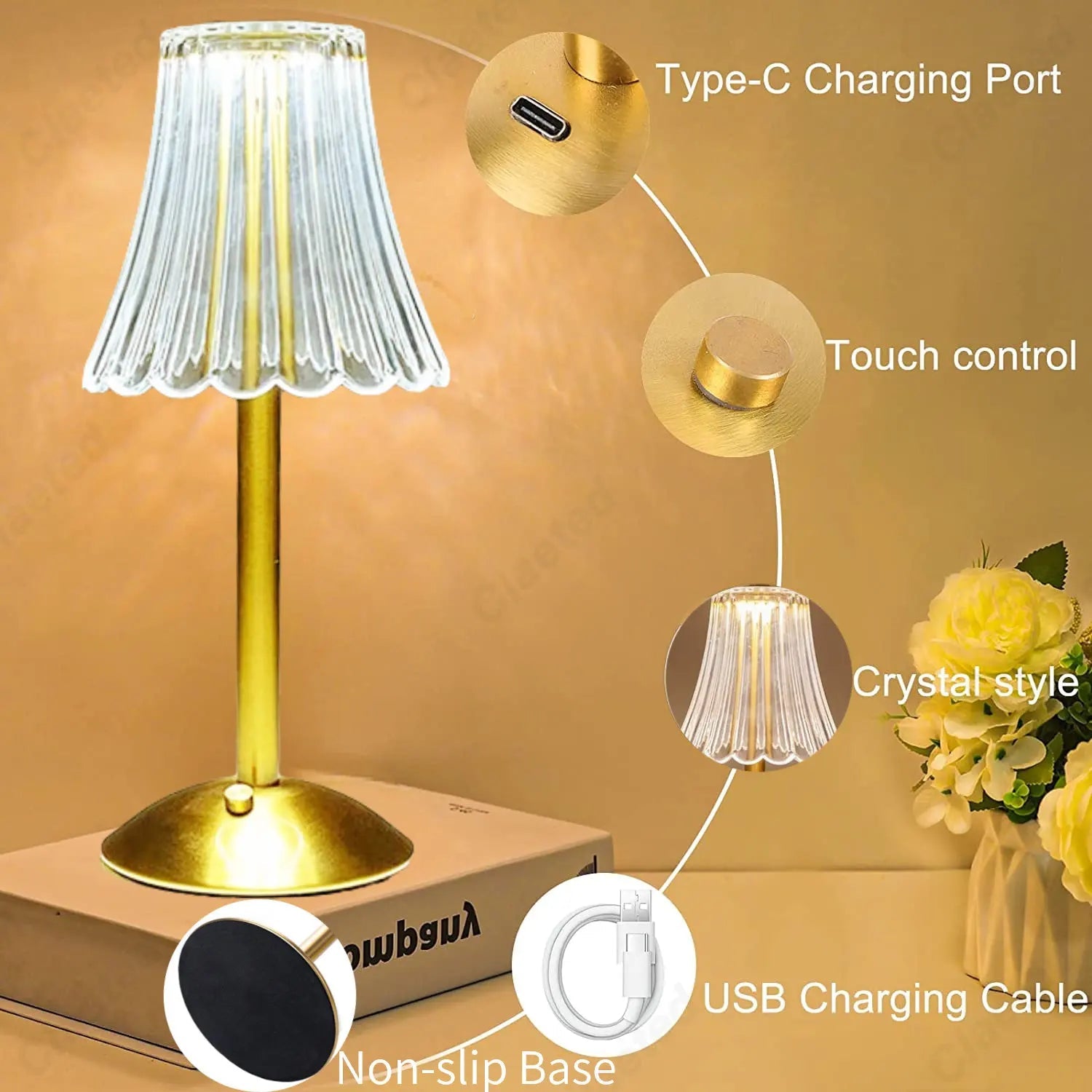 Wireless Table Lamp with Crystal Decor and Dimmable Lighting - GlamLight