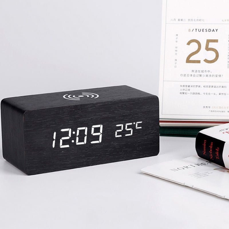 Wood Electric Alarm Clock with Wireless Charging Pad
