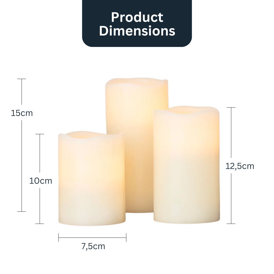 Set with 3 tall flameless wax LED candles